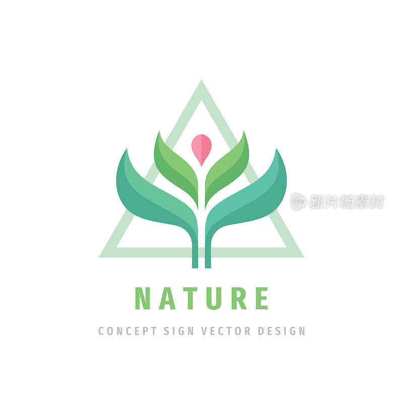 Nature concept sign design. Green leaves, pink flower. Flora sign. Environment symbol. Vector illustration.